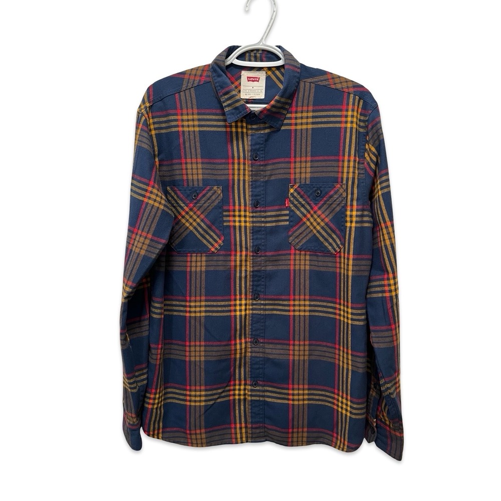 Levis Mens Plaid Flannel Button Up Shirt Navy Blue Yellow Red M 3LGLW2185